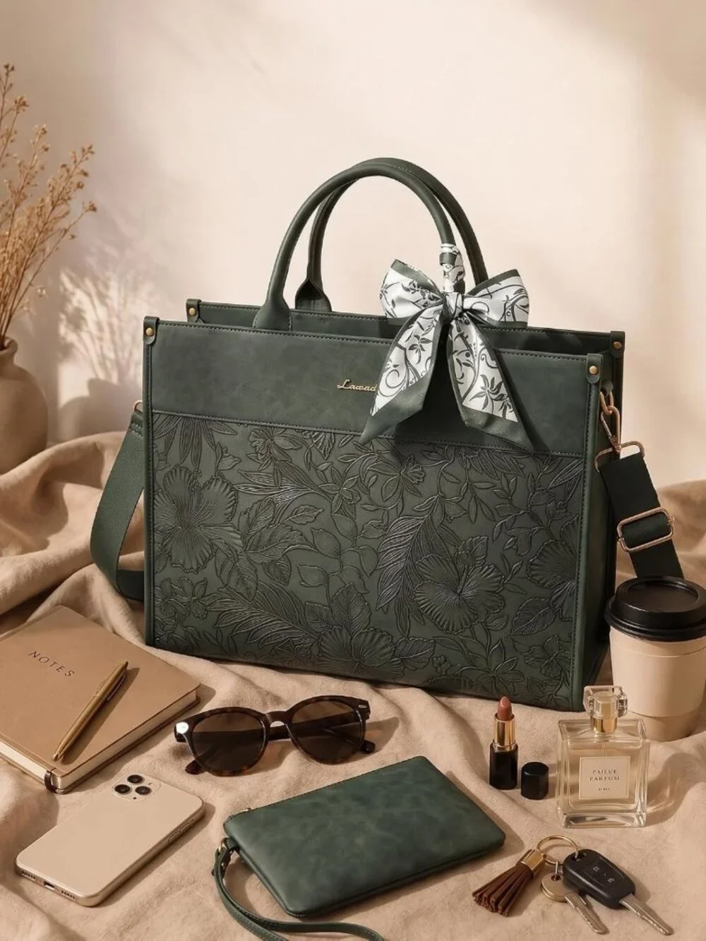 Vintage Laptop Tote Bag for Women | Waterproof Work Bag with Cup Holder & Scarf